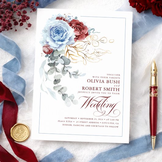 Invitation Dusty Blue & Burgundy Red Boho Floral Mariage