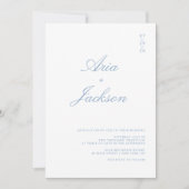 Invitation Dusty Blue Calligraphie moderne QR Code Mariage (Devant)