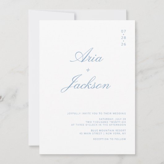 Invitation Dusty Blue Calligraphie moderne QR Code Mariage (Devant)