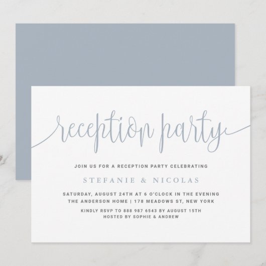 Invitation Dusty Blue Calligraphy Mariage Réception (Devant / Derrière)