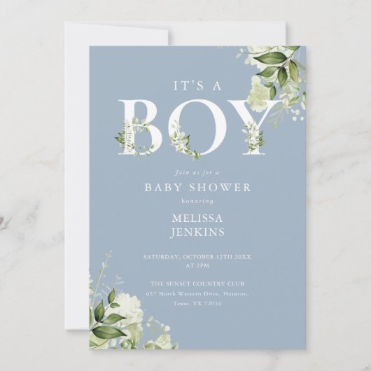 Invitation Dusty Blue C'est un garçon de verdure QR Code Baby (Devant)
