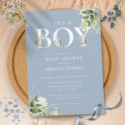 Invitation Dusty Blue C'est un garçon vert lettre Baby shower