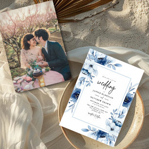 Invitation Dusty Blue Champagne Ivory Floral Photo Mariage