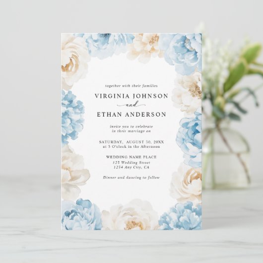 Invitation Dusty Blue Champagne Pierres d'ivoire Mariage flor (Debout devant)
