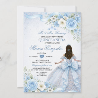 Invitation Dusty Blue Charra Princess Floral Girl Quinceañera