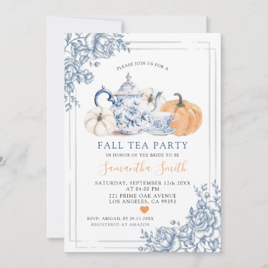 Invitation Dusty Blue Chinoiserie Automne Citrouille Tea Part (Devant)