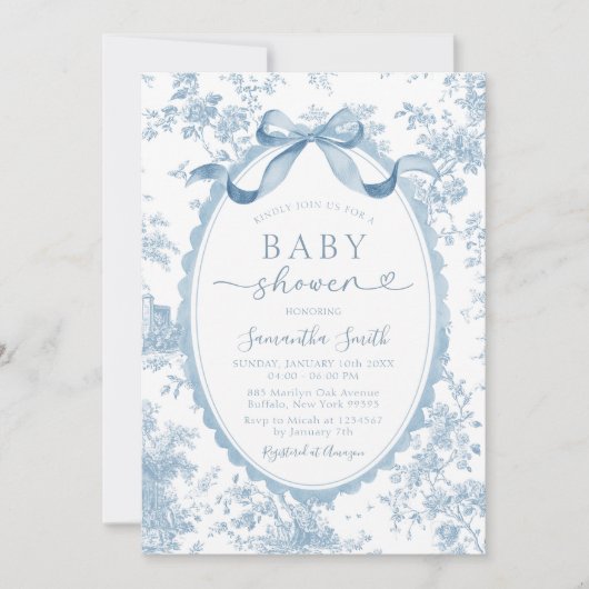 Invitation Dusty Blue Chinoiserie Bow Toile Girl Baby Shower (Devant)