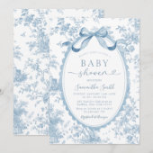 Invitation Dusty Blue Chinoiserie Bow Toile Girl Baby Shower (Devant / Derrière)