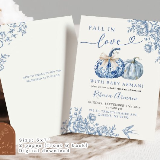 Invitation Dusty Blue Chinoiserie Citrouille Chute En Amour D
