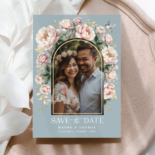 Invitation Dusty Blue Chinoiserie Floral Photo Enregistrer la