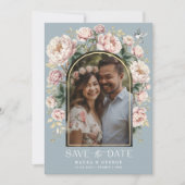 Invitation Dusty Blue Chinoiserie Floral Photo Enregistrer la (Devant)