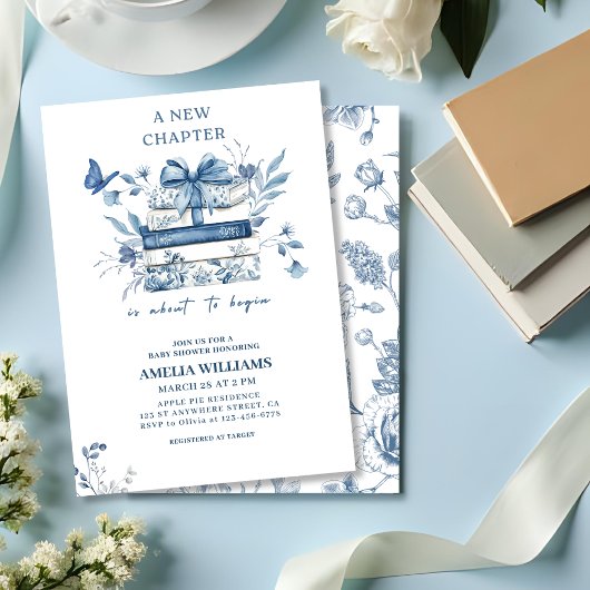 Invitation Dusty blue Chinoiserie new chapter baby shower