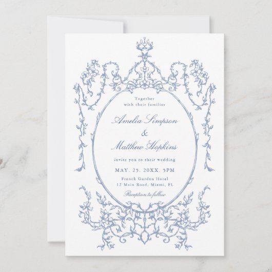 Invitation Dusty Blue Classic Floral Frame Mariage (Devant)