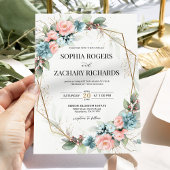 Invitation Dusty Blue Coral Pink Floral Geometric Wedding 