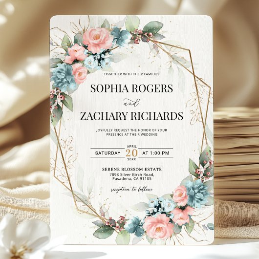 Invitation Dusty Blue Coral Pink Floral Geometric Wedding 