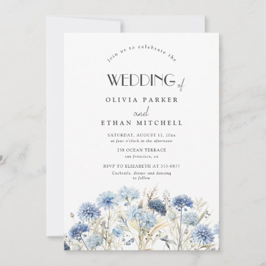 Invitation DUSTY Blue Cornflower Fleur sauvage Élégant mariag (Devant)