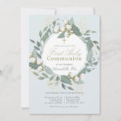 Invitation Dusty Blue Cotton Wreath First Holy Communion (Devant)