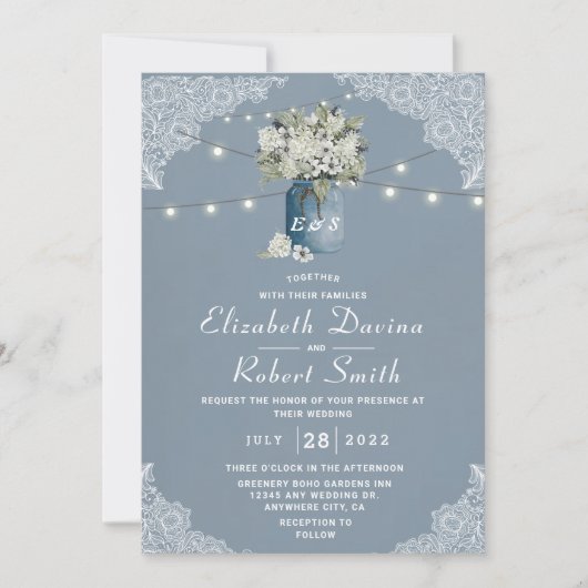 Invitation Dusty Blue Country Combiné Blanc Mariage dentelle (Devant)