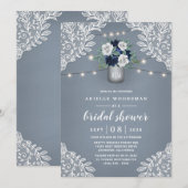 Invitation Dusty Blue Country Dentelle Mason Jar Fête des mar (Devant / Derrière)