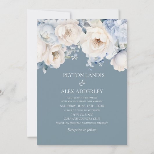 Invitation Dusty Blue Cream Blanc Floral Mariage (Devant)