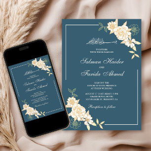 Invitation Dusty Blue Cream Floral Branche musulmane Mariage