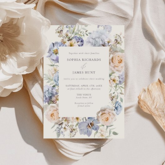 Invitation Dusty Blue Cream Floral Mariage
