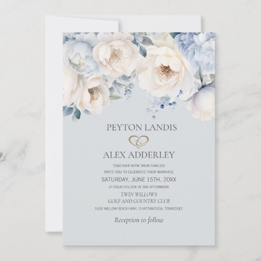 Invitation Dusty Blue Cream White Floral Mariage or (Devant)