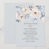 Invitation Dusty Blue Cream White Floral Mariage or (Devant / Derrière)