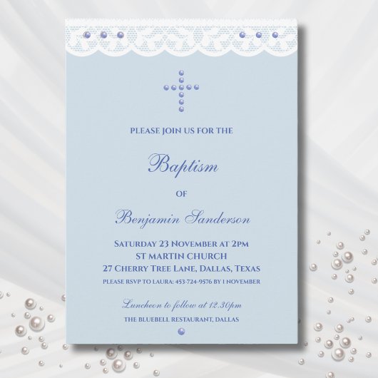 Invitation Dusty Blue Cross Christening Christian Baptism
