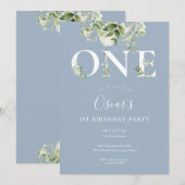 Invitation Dusty Blue Cute Floral Green 1er anniversaire (Devant / Derrière)