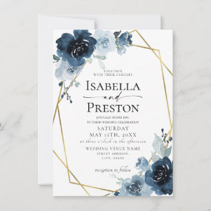 Invitation Dusty Blue Dark Navy Boho Gold Foil Floral Mariage