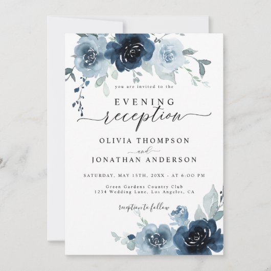 Invitation Dusty Blue Dark Navy Floral Watercolor Mariage (Devant)