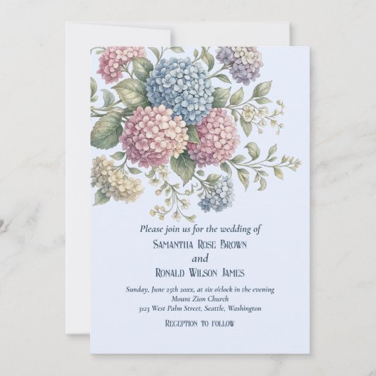 Invitation Dusty Blue Delicate Hydrangea Flowers Wedding (Devant)
