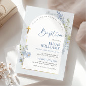 Invitation Dusty Blue Delphinium Floral Arché Boy Baptême