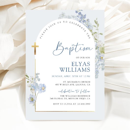 Invitation Dusty Blue Delphinium Floral Arché Boy Baptême