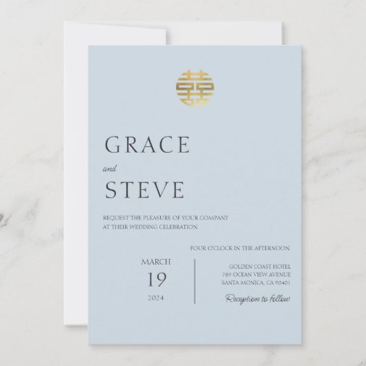 Invitation Dusty Blue Double Bonheur Mariage coréen chinois (Devant)