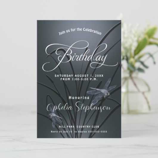 Invitation Dusty Blue Dragonfly Anniversaire (Debout devant)
