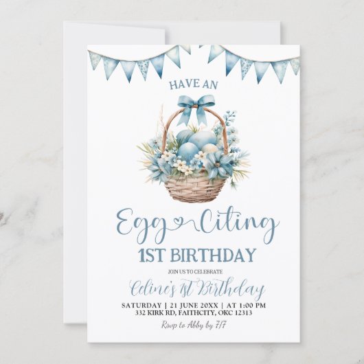 Invitation Dusty Blue Eggciting Birthday (Devant)