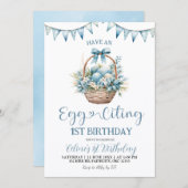 Invitation Dusty Blue Eggciting Birthday (Devant / Derrière)