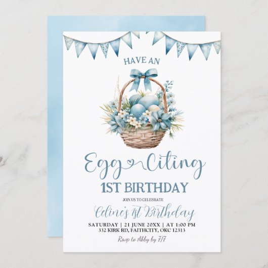 Invitation Dusty Blue Eggciting Birthday (Devant / Derrière)