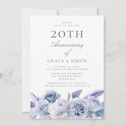 Invitation Dusty Blue Elegance 20e anniversaire de Mariage (Devant)
