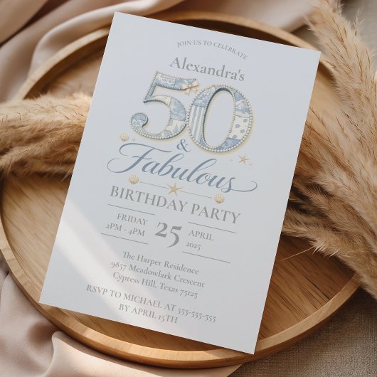 Invitation Dusty Blue Elegant 50 & Fabulous Birthday