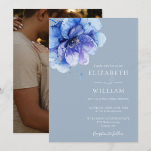 Invitation Dusty Blue Elegant Aquarelle Floral Photo Mariage