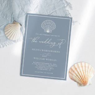 Invitation Dusty Blue Elegant Beach Seashell Mariage