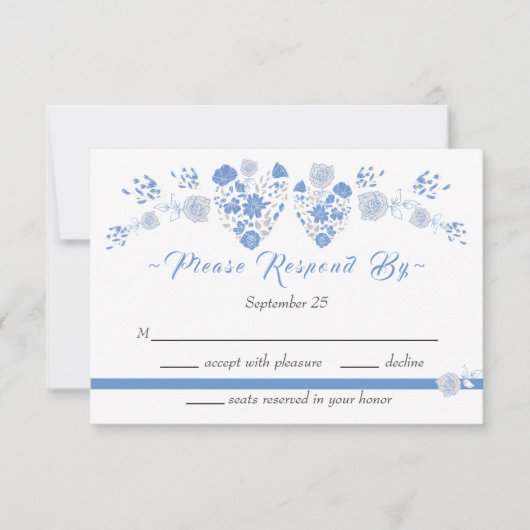 Invitation Dusty Blue Elegant Blanc Gris Floral Mariage Coeur (Devant)