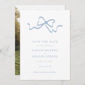 Invitation Dusty Blue Elegant Bow Enregistrer la date (Devant / Derrière)