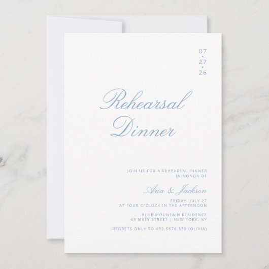 Invitation Dusty Blue Elegant Calligraphy Rehearer Dîner (Devant)