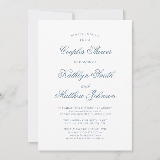 Invitation Dusty Blue élégant Classic Script Couples Douche (Devant)