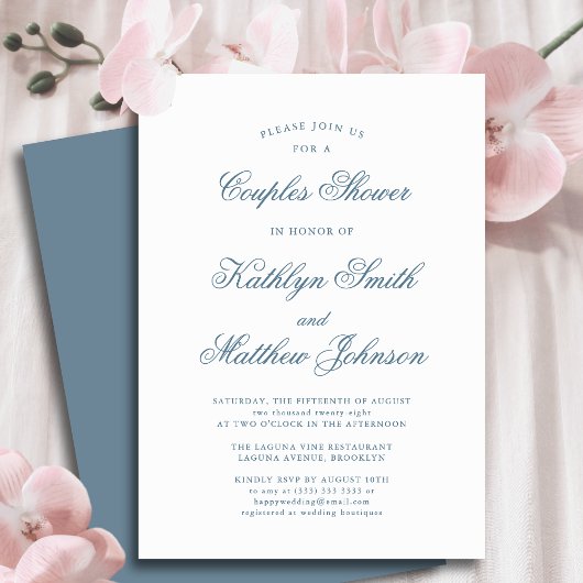 Invitation Dusty Blue élégant Classic Script Couples Douche