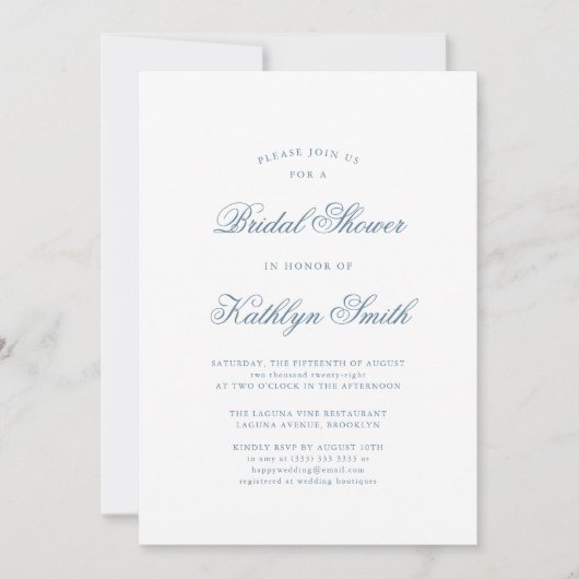 Invitation Dusty Blue Elegant Classic Script Fête des mariées (Devant)